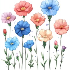 A cluster of pastel-colored flowers with varying shades of pink, blue, and peach in a watercolor style.