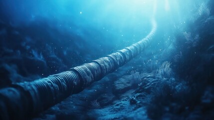 Mysterious underwater pipeline snaking through the dark mysterious depths of the ocean illuminated by the faint glow of the surrounding water