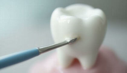 White Dental Model Tooth With Blue Dental Scaler In Clinical Setting