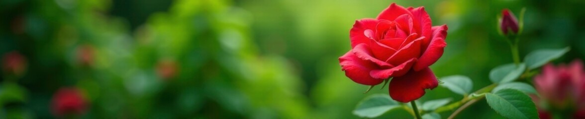 Obraz premium lush green foliage surround blooming red rose, nature, garden