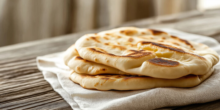 Stack of pitas resting on a cloth on rustic wooden table
