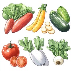 A collection of fresh vegetables including carrots, zucchini, yellow squash, tomato, and radishes.