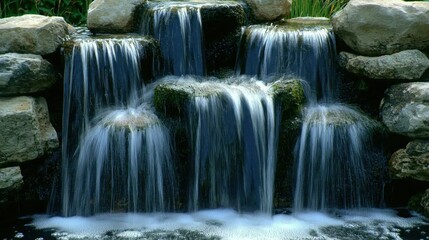 Serene stone waterfall cascading in garden setting