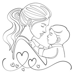 Mother and baby line art. Mom hugs child. Motherhood and newborn concept. Happy mother line vector illustration. Parent loving kid, happy mother day design for card