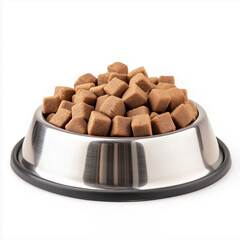 Dry brown dog food in stainless steel bowl on white background
