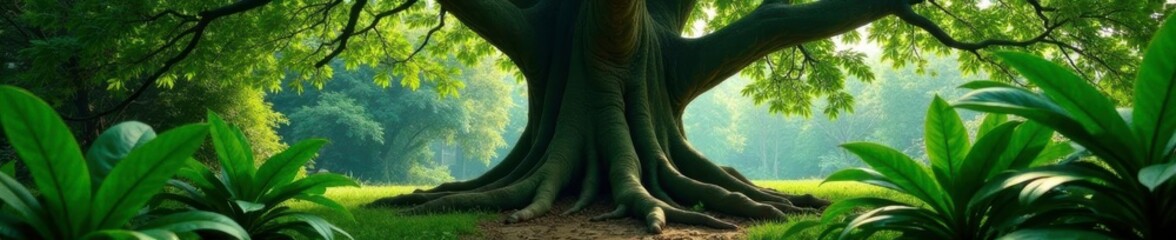 Obraz premium Lush green foliage surrounds a massive banyan tree, tropical, roots, isolated