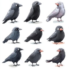 Fototapeta premium A set of nine cartoon crow illustrations with variations in plumage, beak and eye color.