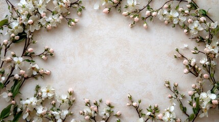 Delicate Spring Blossoms Frame Beige Background