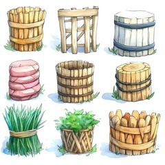 A set of nine hand-drawn illustrations featuring various wooden barrels, baskets, and bundles of hay.