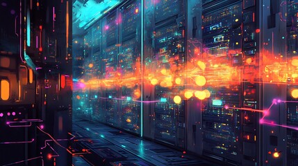 Vibrant neon lights illuminate futuristic server room data streams flow dynamically. AI Generated