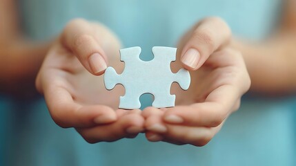 A person holds a puzzle piece symbolizing connection and completion in a serene environment.