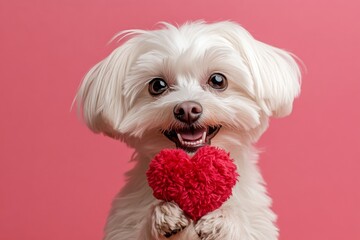 Maltese - my desired dog. Marketing conceptual art. Cute maltese hound with fluffy red heart - sign of love, funny greeting card. Love moments with pets. Valentine's dog ideas. Dog and roses.