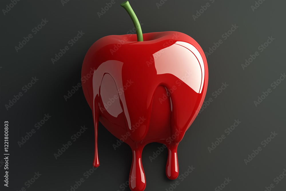 Poster red apple dripping with red paint on dark background