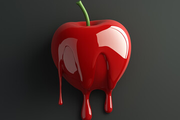 Red apple dripping with red paint on dark background