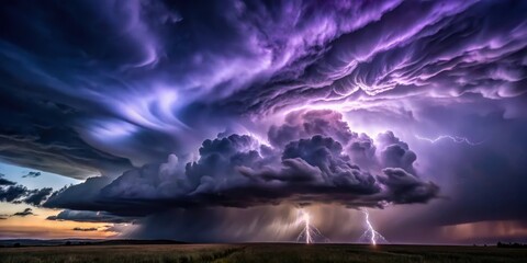 Dramatic Sunset Storm Clouds with Powerful Lightning Strikes Across a Flat Field
