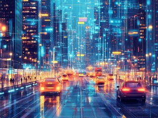 Fototapeta premium A vibrant tech-driven cityscape at night showcasing neon lights and bustling traffic.