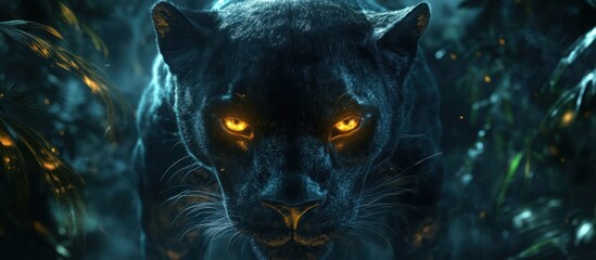 Majestic black panther with glowing eyes in dark jungle.
