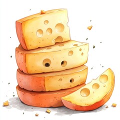 A stack of four slices of Swiss cheese with a wedge in front, all on a white background.