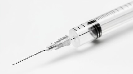 A high-resolution close-up of a medical needle and syringe, with a clean white background, Minimalist style