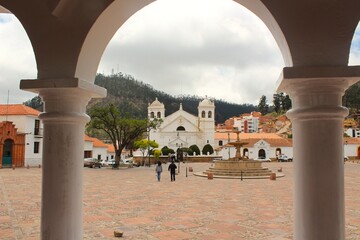A photograph of historic architecture, colonial buildings, and public spaces in a charming Bolivian...