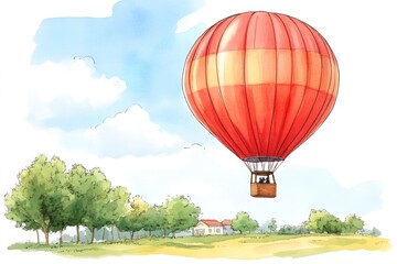 Obraz premium A watercolor illustration of a red hot air balloon flying over a small town.