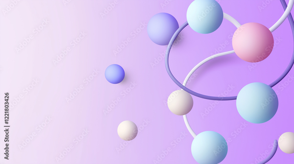 Aufkleber pastel colored spheres connected by tubes creating abstract design on purple background