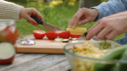 Couple slicing vegetables and corn on the cob outdoors for a fresh summer salad