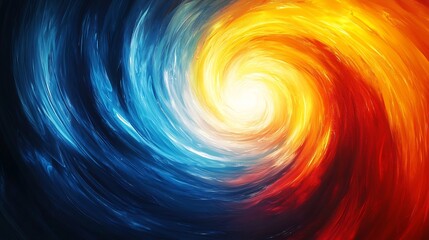 Fiery swirling vortex contrasts cool blues warm oranges bright light source dynamic abstract artwork. AI Generated