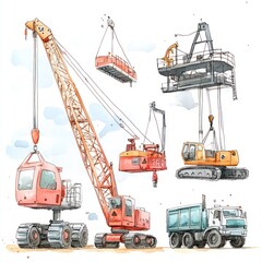 Fototapeta premium A watercolor illustration of five construction vehicles, including a crane, a bulldozer, and a dump truck, with a sky background.