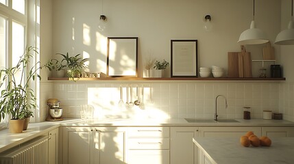 A bright and airy kitchen with natural light and plants creating a serene home environment.