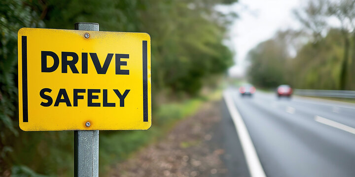 Yellow drive safely sign reminding drivers of road security