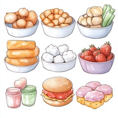 A watercolor illustration of nine different food items in bowls, including fried dough, mozzarella sticks, strawberries,  a burger, and a cake.