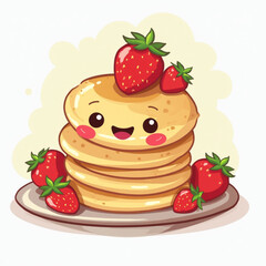 Adorable Smiling Pancake Stack with Fresh Strawberries
