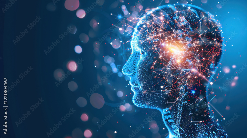 Poster digital representation of human head with glowing neural connections, symbolizing artificial intelli