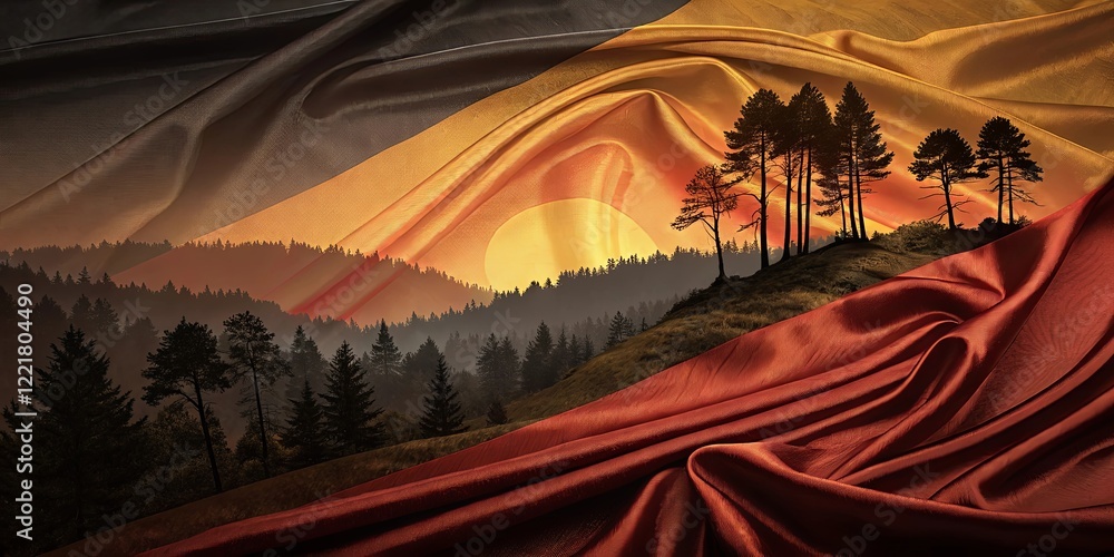 Poster a red and black flag with a sun and trees in the background