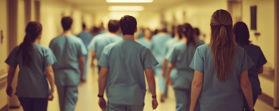 A group of healthcare professionals walking down a hospital corridor showcasing teamwork and dedication.