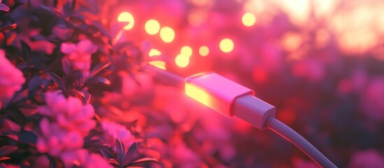 Glowing neon cable or cord surrounded by lush verdant foliage in a blurry abstract background with a vibrant luminous and stylish atmosphere  The image has a modern contemporary