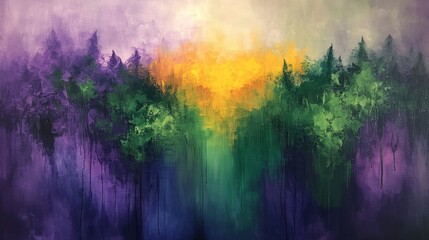 Abstract Forest Sunset Purple Green Yellow Acrylic Painting