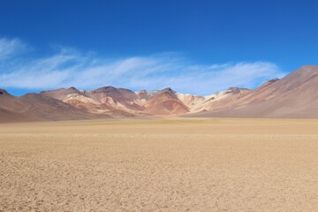 Natural landscape of Bolivia, featuring altiplano desert, Andean mountains, and clear blue skies in a stunning arid environment