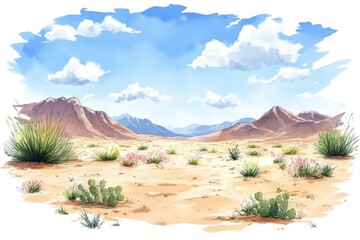 A watercolor painting of a desert landscape with mountains in the background and a few cacti and bushes in the foreground.