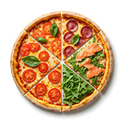 A whole pizza divided into six slices, each with distinct toppings like tomato, pepperoni, salmon, and arugula