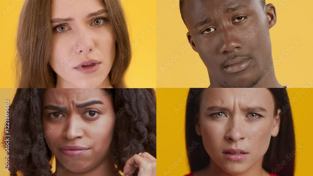 Poster four people showcase a range of emotions against a bold yellow background. their diverse expressions