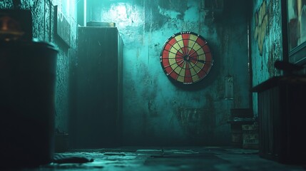 Moody teal light illuminates a dimly lit alleyway featuring a worn dartboard. AI Generated