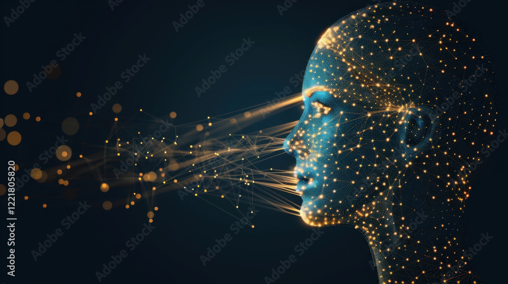 Poster digital representation of human head with glowing particles, symbolizing technology and innovation. 