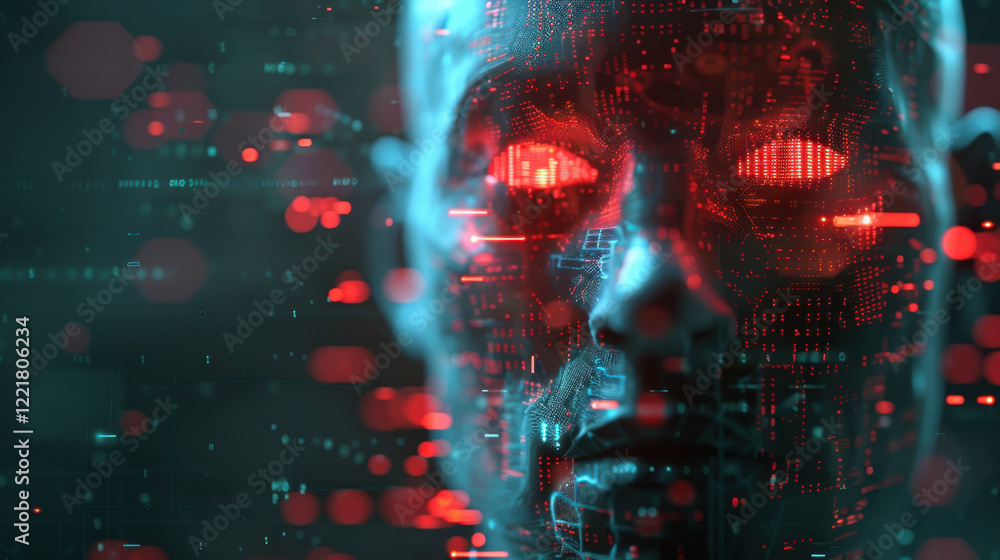 Poster futuristic digital face with glowing red and green elements, representing artificial intelligence an