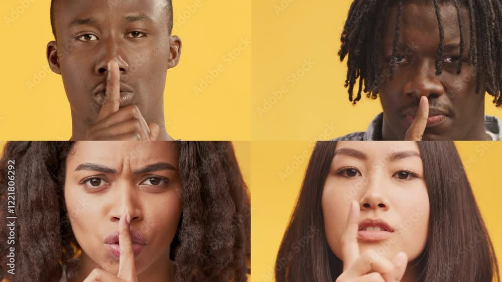 Poster Four individuals of diverse backgrounds display a range of emotions, all set against a vibrant yellow background. Their expressions reflect connection and individuality in a multiethnic setting.
