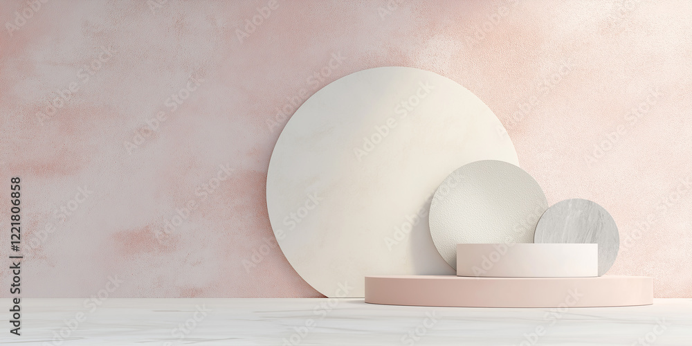 Aufkleber minimal pink and white cylinder podiums displaying products on marble floor with circle background
