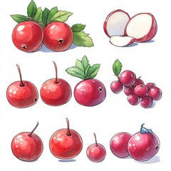 An illustration of multiple cranberries, showing different angles, cuts, and groupings.