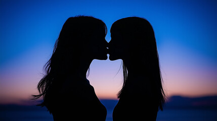 Artistic silhouette of a lesbian couple sharing a passionate kiss, reflected beautifully against a scenic sunset sky. A visually striking representation of love and commitment.