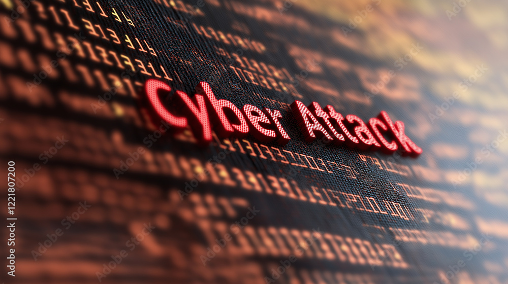 Poster Cyber attack alert on computer screen with binary code running